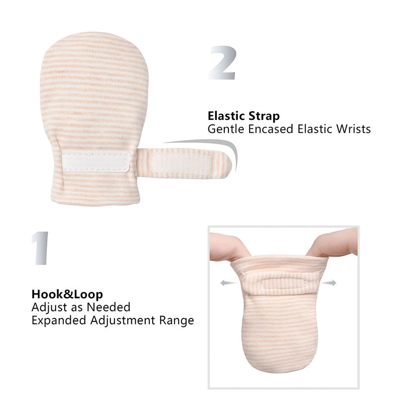 Reyow Newborn Baby No Scratch Mittens Stay On, 100% Cotton Breathable, Adjustable Infant Gloves for Baby Boys Girls Mittens (Khaki Stripe, 0-3 Months) - Image 5